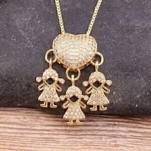 Gold Color Cubic Zirconia Family 3 Girls Pendant Necklace Copper Chain Jewelry
